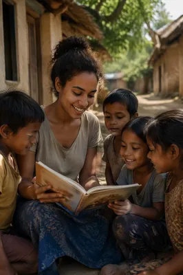 Young Woman Reading With Village Children