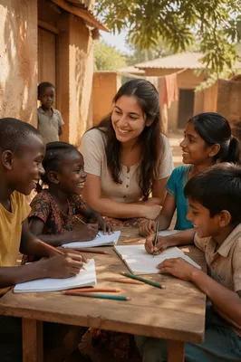 Young Woman Drawing with Village Children