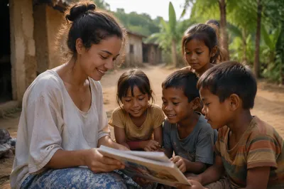 Young Woman Reading with Village Children