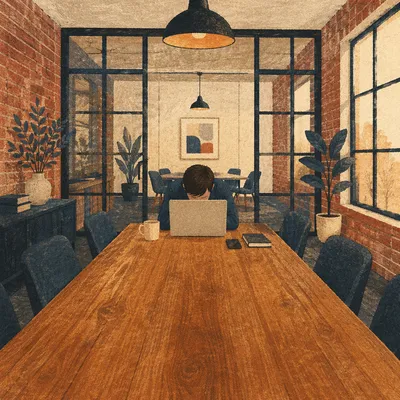 Young Professional Praying in Modern Office