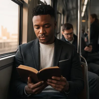 Young Professional Reading Bible on Train