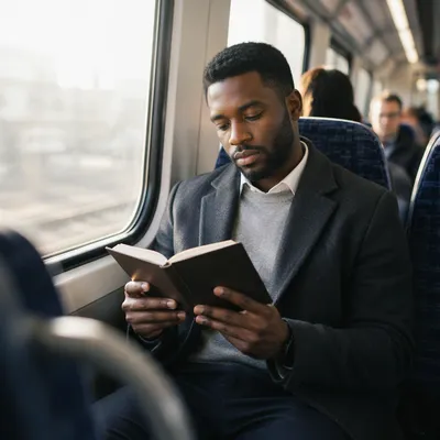 Young Professional Reading on Commuter Train