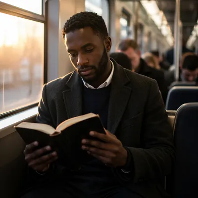 Young Man Reading Book on Train