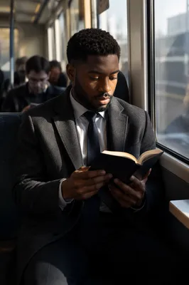 Young Professional Reading on Commuter Train