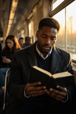Young Man Reading Bible on Train
