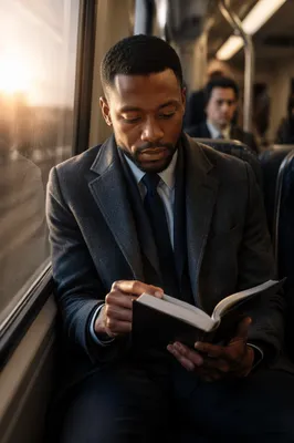 Young Professional Reading on Commuter Train