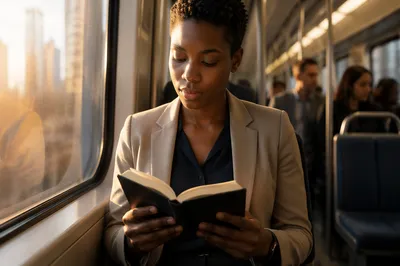 Young Professional Reading on Morning Train