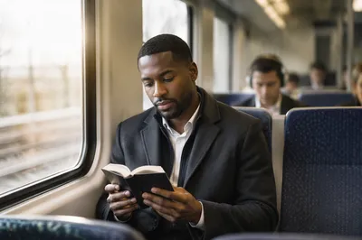 Young Professional Reading on Commuter Train