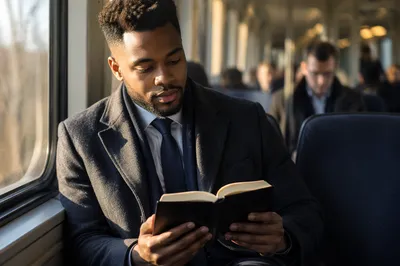 Young Man Reading Bible on Train