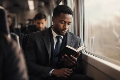 Young Professional Reading on Commuter Train