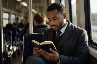 Young Professional Reading Bible on Train