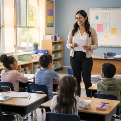 Young Teacher Welcoming Students in Classroom