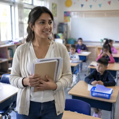 Young Teacher Welcoming Students in Classroom