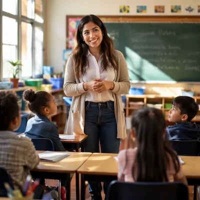 Young Teacher Greeting Students in Classroom