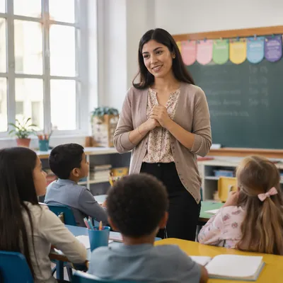 Young Teacher Greeting Elementary Students