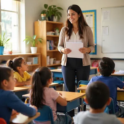 Young Teacher Greeting Students in Classroom