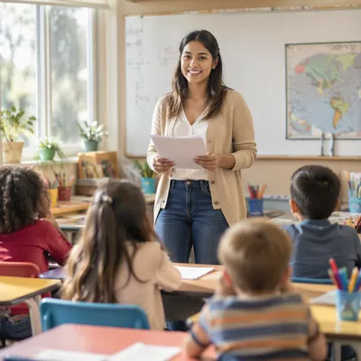 Young Teacher Greeting Students in Classroom