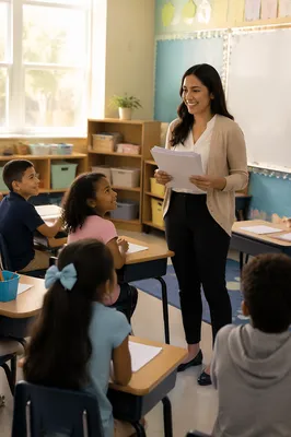 Young Teacher Greeting Students in Classroom