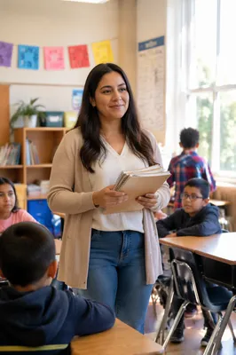 Young Teacher in Bright Elementary Classroom