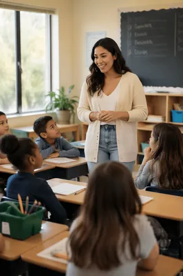 Young Teacher Greeting Students in Classroom