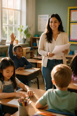 Young Teacher Welcoming Students in Classroom