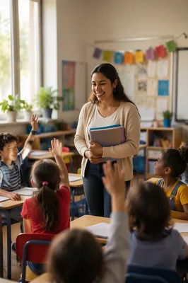 Young Teacher Greeting Students in Classroom