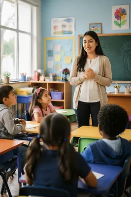 Young Teacher Greeting Students in Classroom
