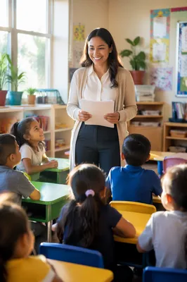 Young Teacher Greeting Students in Classroom