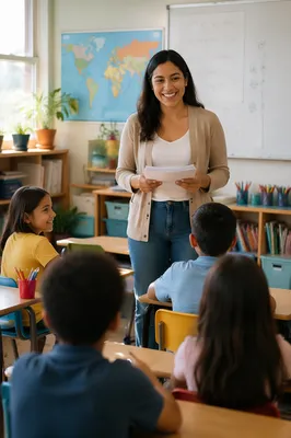 Young Teacher Greeting Students in Classroom
