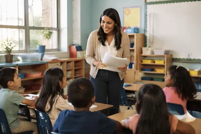 Young Teacher Welcoming Students to Classroom