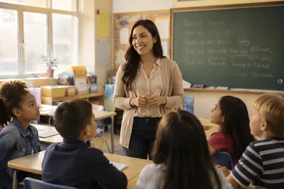 Young Teacher Greeting Students in Classroom