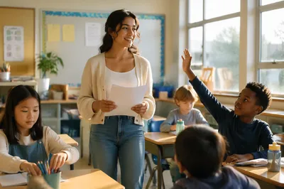 Young Teacher in Bright Elementary Classroom