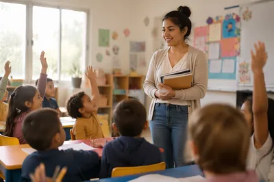 Young Teacher Greeting Students in Classroom