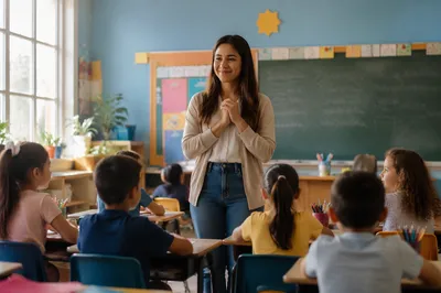 Young Teacher Greeting Students in Classroom