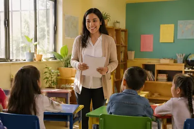 Young Teacher Greeting Students in Classroom
