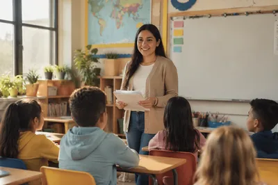 Young Teacher Greeting Students in Classroom