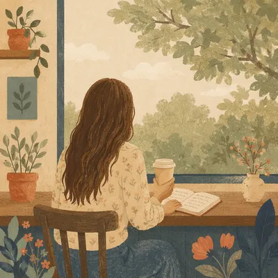 Thoughtful Woman Journaling at Coffee Shop