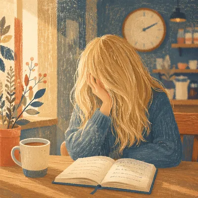 Thoughtful Woman Journaling in Cozy Coffee Shop