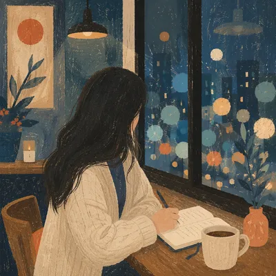 Thoughtful Woman Journaling in Cozy Coffee Shop
