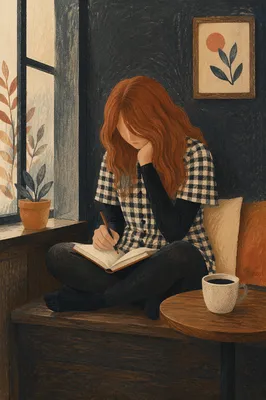 Thoughtful Young Woman Journaling in Coffee Shop