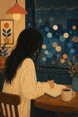 Thoughtful Woman Journaling in Cozy Coffee Shop