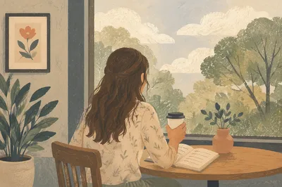 Thoughtful Young Woman Journaling at Coffee Shop
