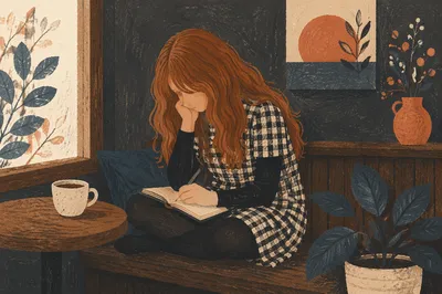 Thoughtful Young Woman Journaling in Coffee Shop