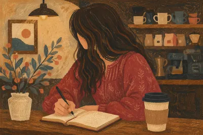 Thoughtful Woman Journaling in Cozy Coffee Shop