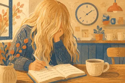 Thoughtful Young Woman Journaling in Coffee Shop