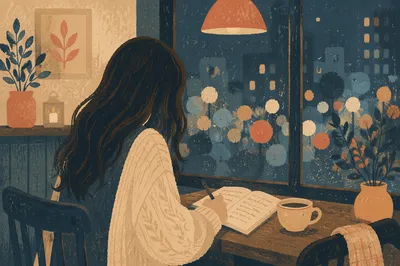 Thoughtful Woman Journaling in Cozy Coffee Shop