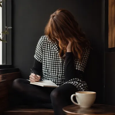 Thoughtful Young Woman Journaling in Coffee Shop