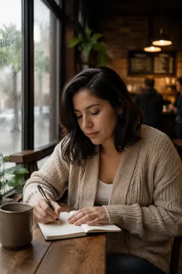 Young Woman Journaling in Cozy Coffee Shop