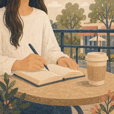 Young Woman Journaling by Coffee Shop Window