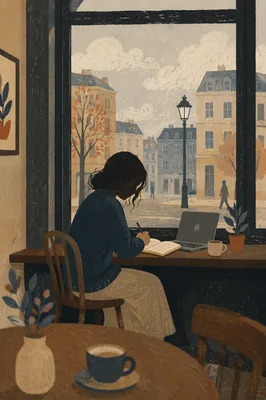 Young Woman Journaling by Coffee Shop Window